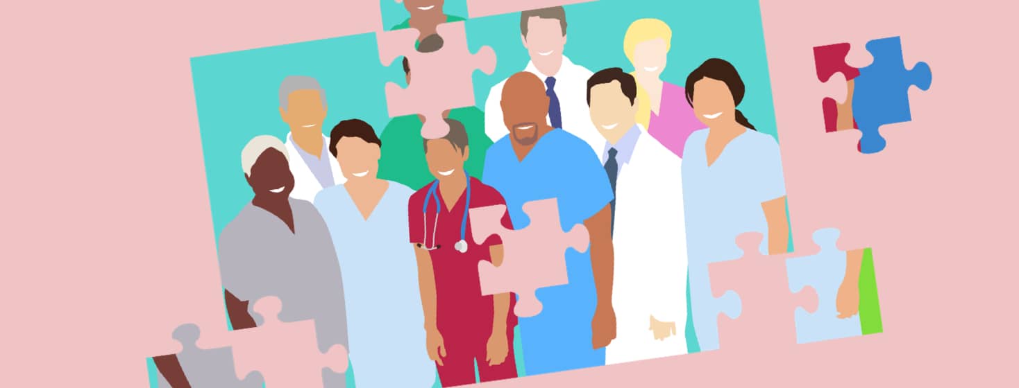 Team, doctors, healthcare professionals, puzzle filling in pieces of group